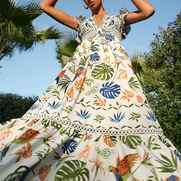 MQTIME  -  Women Summer Dress Elegant Floral Print Loose Hem Maxi Dress Spring V Neck Butterfly Sleeve Bohemian Holiday Dress Vestido Mujer